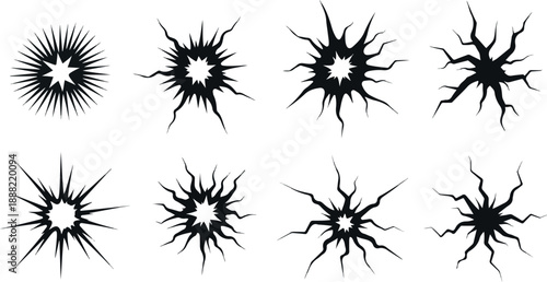 Set of black burst icons on white background, different explosion shapes with radial rays and cracks