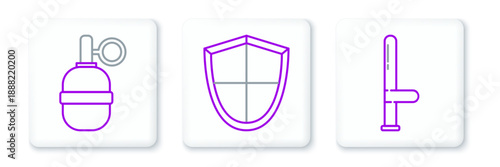 Set line Police rubber baton, Hand grenade and Shield icon. Vector
