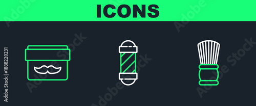 Set line Shaving brush, Cream or lotion cosmetic jar and Classic Barber shop pole icon. Vector