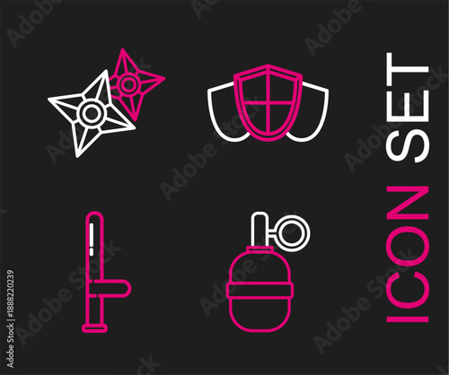 Set line Hand grenade, Police rubber baton, Shield and Japanese ninja shuriken icon. Vector