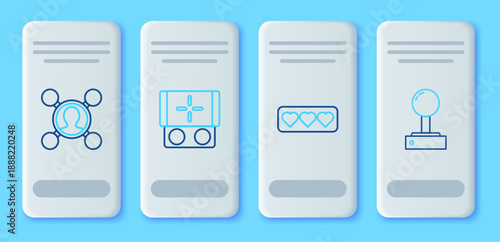 Set line Portable video game console, Like and heart, Share and Joystick for arcade machine icon. Vector