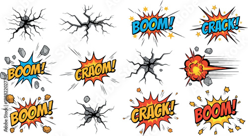 Comic Book Graphics Explosions, Cracks, and Action Text Effects in Vector Style