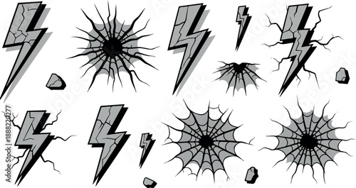 Lightning bolt impact crack graphic elements set, shattered wall design illustrations