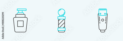 Set line Electrical hair clipper or shaver, Bottle of shampoo and Classic Barber shop pole icon. Vector