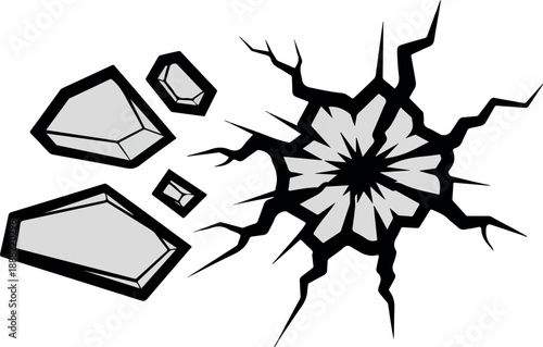 Cracked surface with broken fragments, symbol of damage and destruction, isolated design