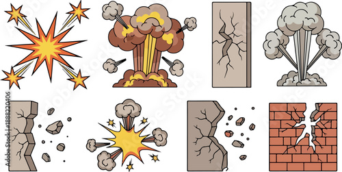 Explosion and Destruction Vector Illustration Set for Comic or Cartoon Design Elements