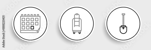 Set line Shovel, Calendar and Suitcase icon. Vector