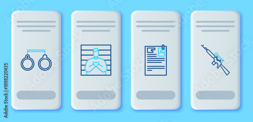 Set line Suspect criminal, Lawsuit paper, Handcuffs and Sniper rifle with scope icon. Vector