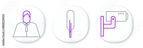 Set line Security camera, Lawyer, attorney, jurist and Feather pen icon. Vector