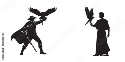 People with falcon and eagle silhouette vector set
