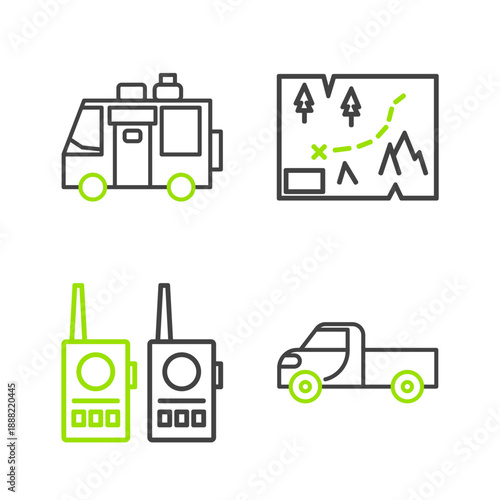 Set line Pickup truck, Walkie talkie, Folded map with location and Rv Camping trailer icon. Vector