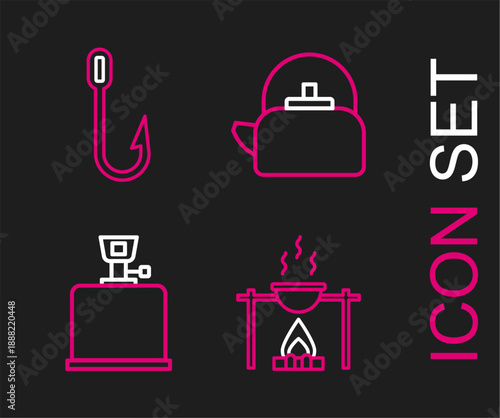 Set line Campfire and pot, Camping gas stove, Kettle with handle and Fishing hook icon. Vector