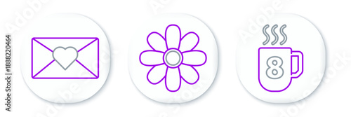 Set line Coffee cup with 8 March, Envelope and Flower icon. Vector