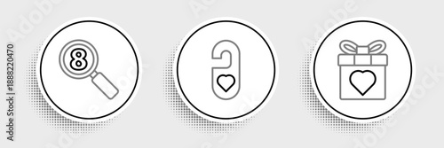 Set line Gift box and heart, Search 8 March and Please do not disturb with icon. Vector