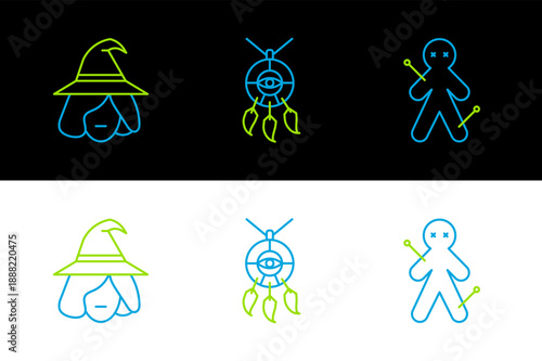 Set line Voodoo doll, Witch and Dream catcher with feathers icon. Vector