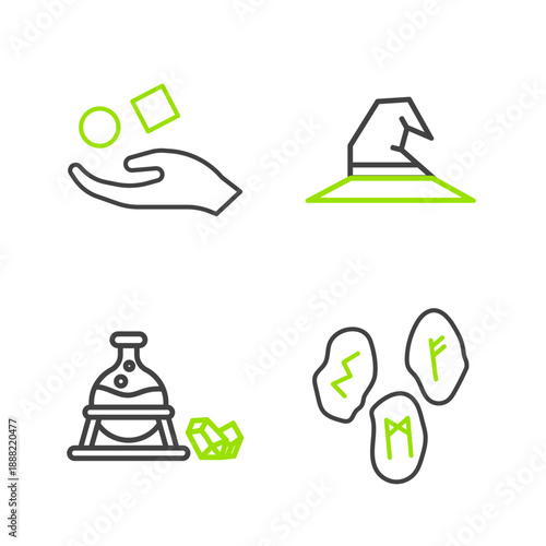 Set line Magic runes, Witch cauldron and magic stone, hat and Cube levitating above hand icon. Vector