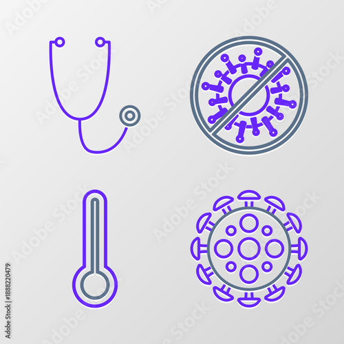 Set line Virus, Medical thermometer, Stop virus and Stethoscope icon. Vector