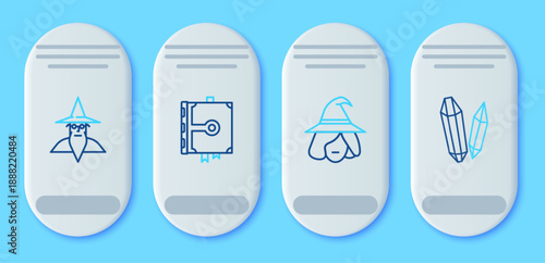 Set line Ancient magic book, Witch, Wizard warlock and Magic stone icon. Vector