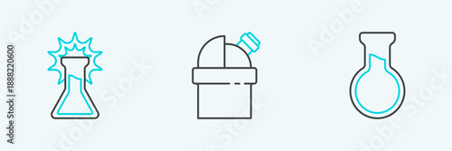 Set line Test tube and flask, and Astronomical observatory icon. Vector