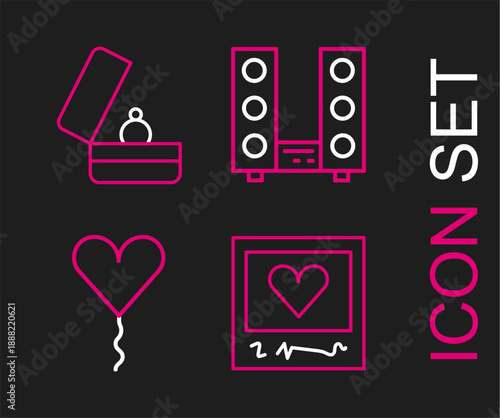 Set line Photo frames and hearts, Balloon in form of, Home stereo with two speakers and Wedding rings icon. Vector