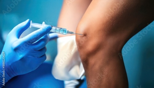 Medical professional administering an injection into a patients knee joint for pain relief and treatment.