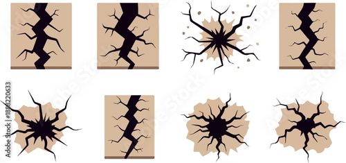 Various crack vector illustration set, design elements for destruction, broken textures