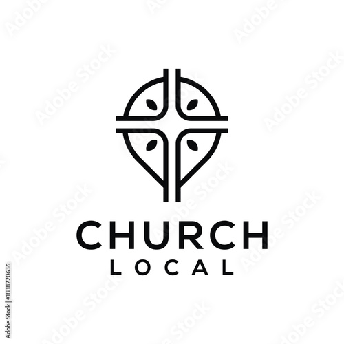 Floral flower map local christian cross crucifix for church logo design vector template