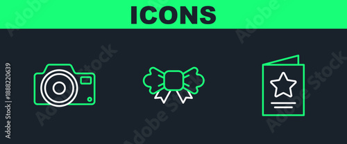 Set line Greeting card, Photo camera and Bow tie icon. Vector