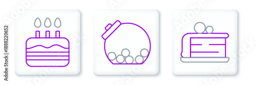 Set line Piece of cake, Cake with burning candles and Glass jar candies inside icon. Vector