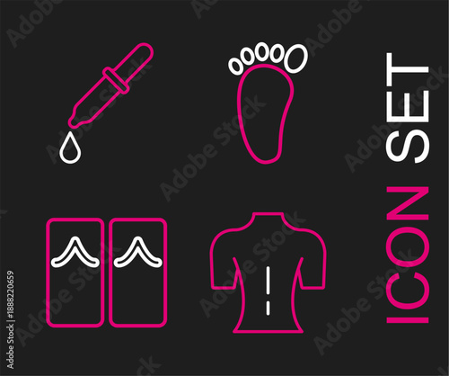 Set line Massage, Flip flops, Foot massage and Pipette icon. Vector