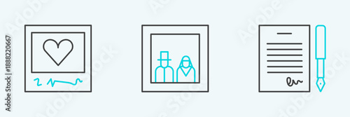 Set line Marriage contract, Photo frames and hearts and Family photo icon. Vector