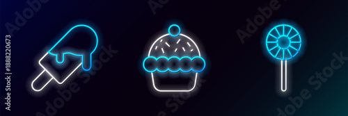 Set line Lollipop, Ice cream and Cupcake icon. Glowing neon. Vector