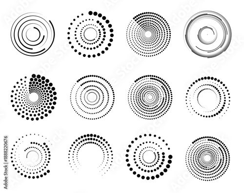 Halftone circular dotted frames set. Set of black thick halftone dotted speed lines. Speed lines in circle form. Geometric art. Vector