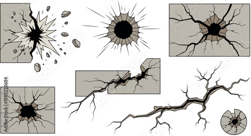 Illustrative representation of various cracked and shattered wall effects for design