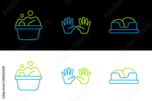 Set line Pet bed, Pets bath and Medical rubber gloves icon. Vector