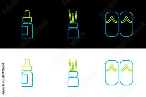Set line Flip flops, Essential oil bottle and Aroma diffuser icon. Vector