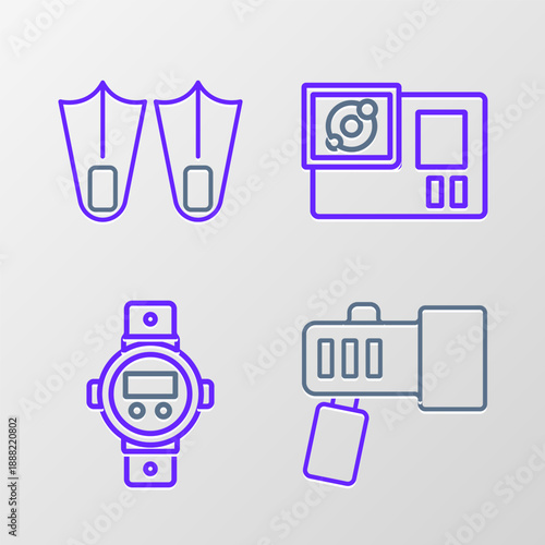 Set line Flashlight, Diving watch, Action camera and Rubber flippers icon. Vector