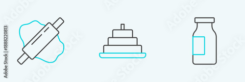 Set line Bottle with milk, Rolling pin on dough and Cake burning candles icon. Vector