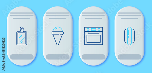 Set line Ice cream in waffle cone, Oven, Cutting board and Hotdog sandwich icon. Vector