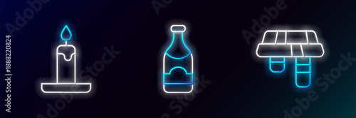 Set line Winter scarf, Burning candle and Champagne bottle icon. Glowing neon. Vector