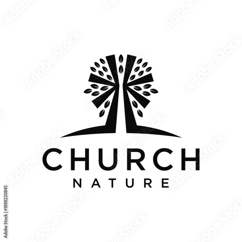 Floral flower and christian cross crucifix for church logo design vector template