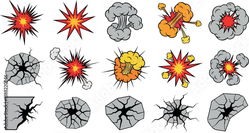 Set of cartoon explosions, blasts, cracks, and effects for comic book designs and illustrations