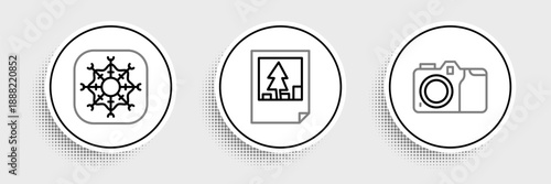 Set line Photo camera, Snowflake and Christmas postcard icon. Vector
