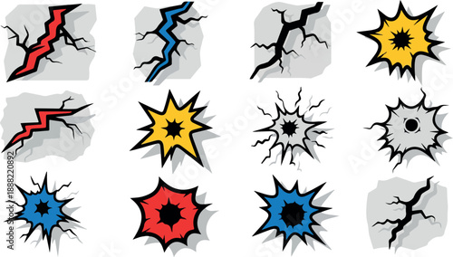 Set of Creative Crack and Burst Designs on a Grey Surface