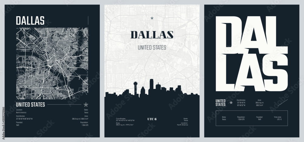 Fototapeta premium Set of travel posters with Dallas, detailed urban street plan city map, Silhouette city skyline, vector artwork, set 2