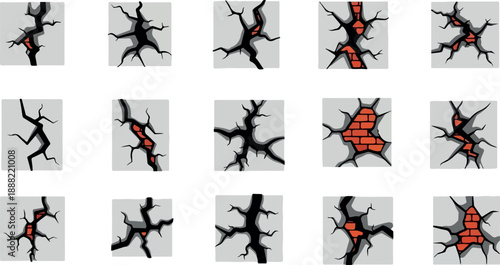 Cracks on a concrete wall with different variations and styles, background for design and texture