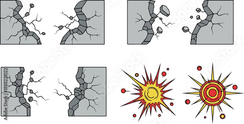 Illustration of cracking concrete with various stages of damage and explosion effects