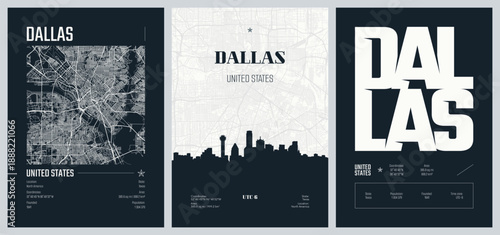 Set of travel posters with Dallas, detailed urban street plan city map, Silhouette city skyline, vector artwork, set 2