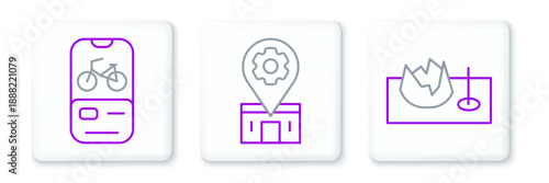 Set line Bicycle on street ramp, rental mobile app and repair service icon. Vector