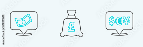Set line Currency exchange, Stacks paper money cash and Coin with pound icon. Vector